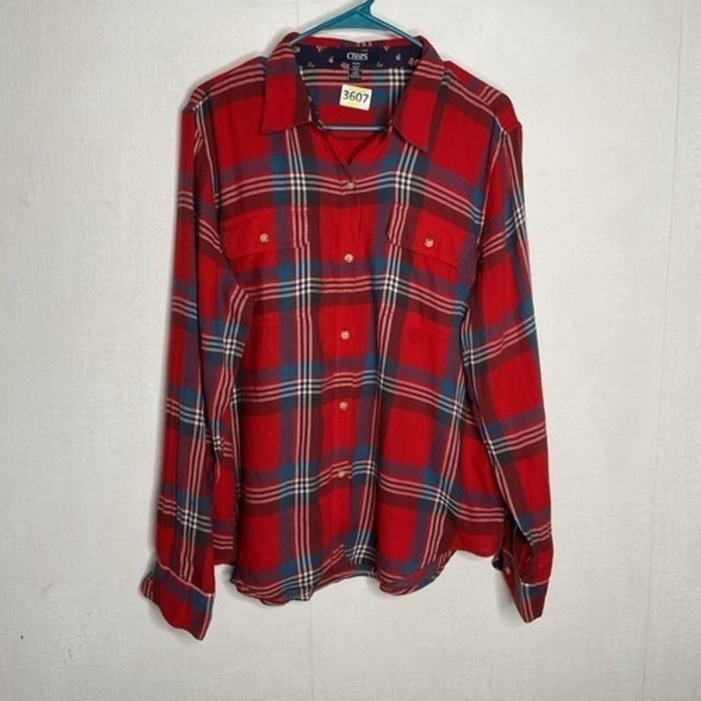 Chaps Red/Blue Plaid Long Sleeve Button Up Flannel Shirt Women XL India Cotton